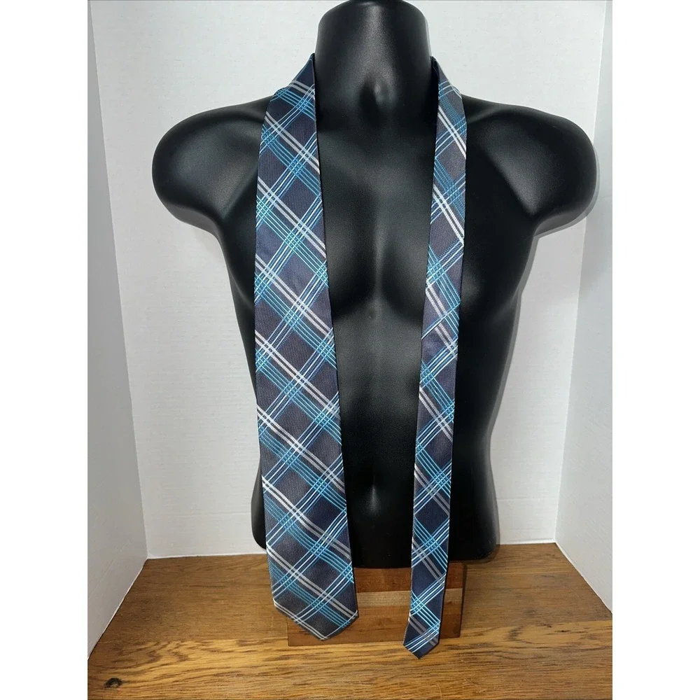 Colours by Alexander Julian Blue Teal‎ Grey Neck Tie Plaid Geometric